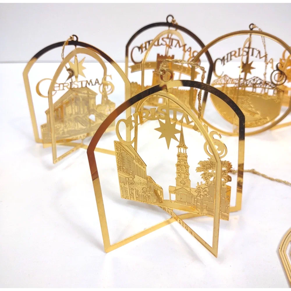 Lot of 6 VTG CHARLESTON SC Novelty 24K Gold Plate Flat Christmas Ornaments 90s